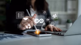 Woman selecting sustainability icons on an electronic device