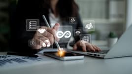 Woman selecting sustainability icons on an electronic device